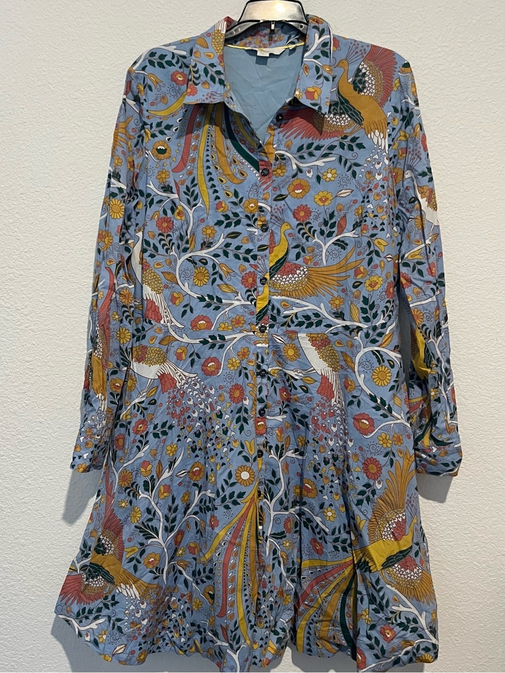 Boden Enchanting Peacock Floral Dress Midi Blue Tiered Collared Pockets Size 14R